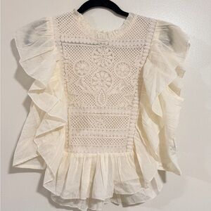 Joie Ivory Embroidered Ruffle Blouse M Boho Luxe Romantic Messy Coquette